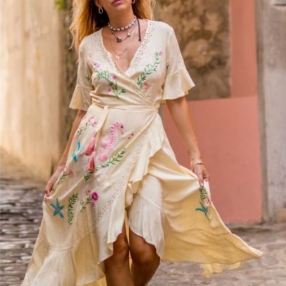 Embroidered Cream High Low Dress